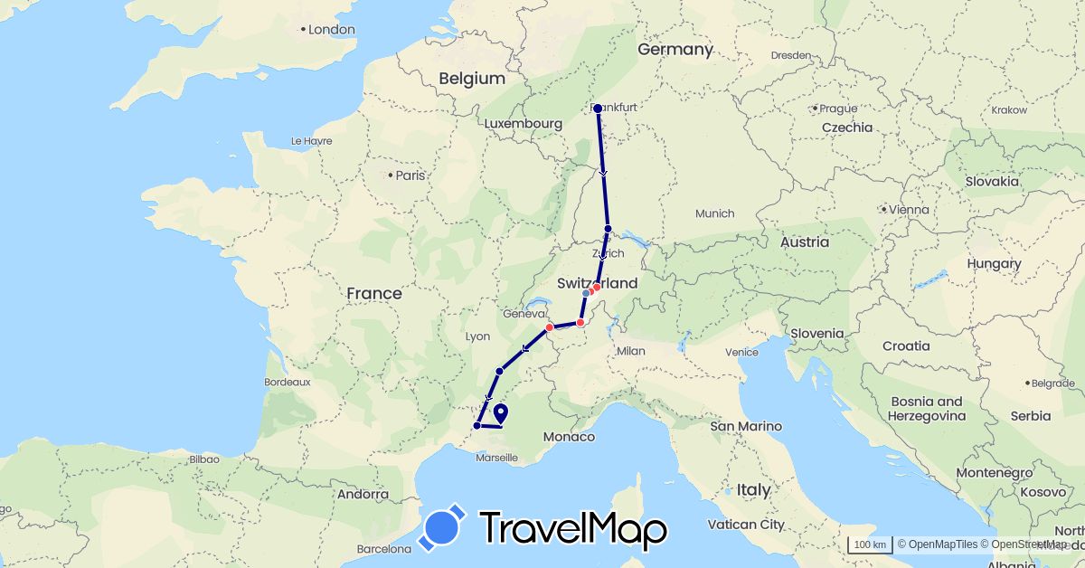 TravelMap itinerary: driving, cycling, hiking in Switzerland, Germany, France (Europe)