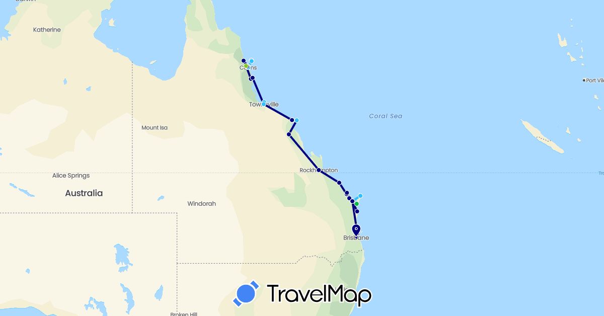 TravelMap itinerary: driving, bus, hiking, boat, electric vehicle in Australia (Oceania)